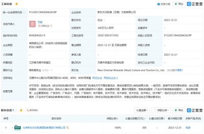 新东方文旅布局长三角 无锡、淮安新公司成立，注册资本各300万聚焦票务代理业务